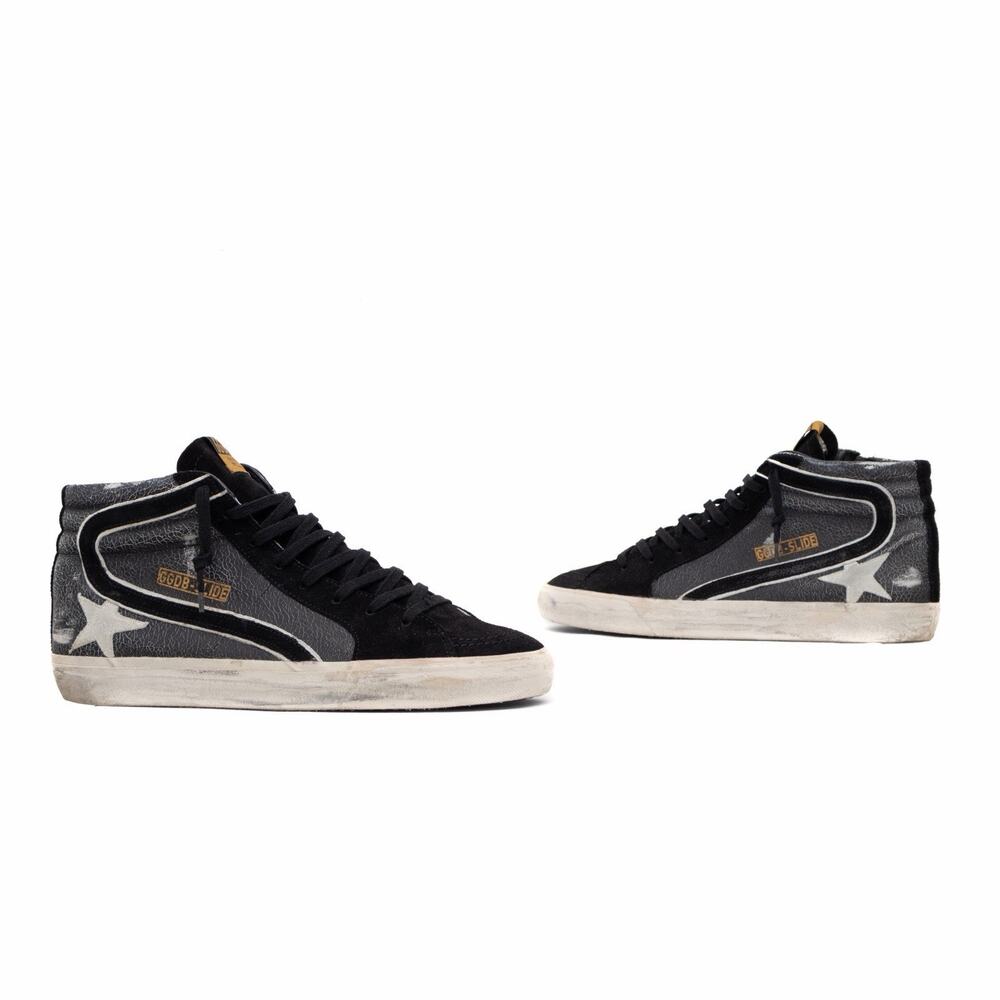 $670 GOLDEN GOOSE Slide Distressed Suede Leather Hi-Top Sneakers Black 44 US11